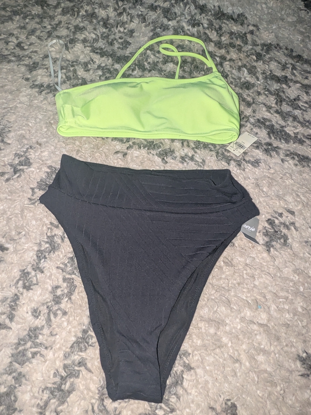 NEW aerie Neon Lime Bandeau Top with Black High-Waist Bikini Bottoms
